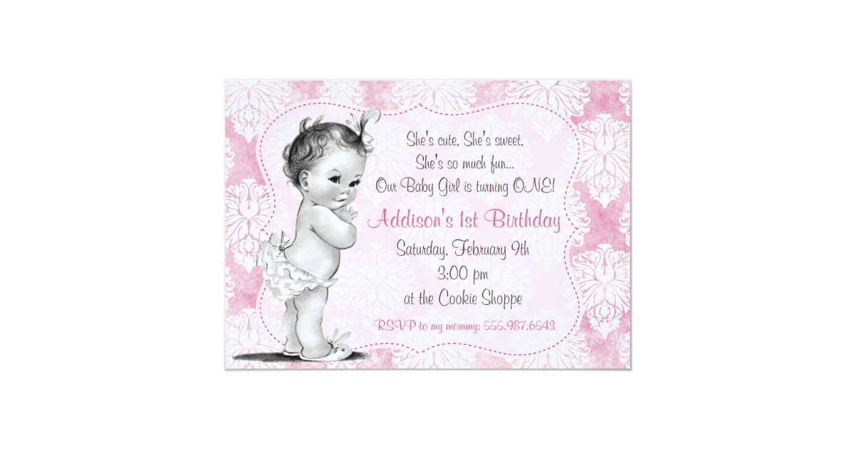 Vintage Baby Girl Chic Damask Birthday Invitation Zazzle Com