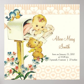Vintage Baby Girl In Mail Box Personalized Birth Poster by jardinsecret at Zazzle