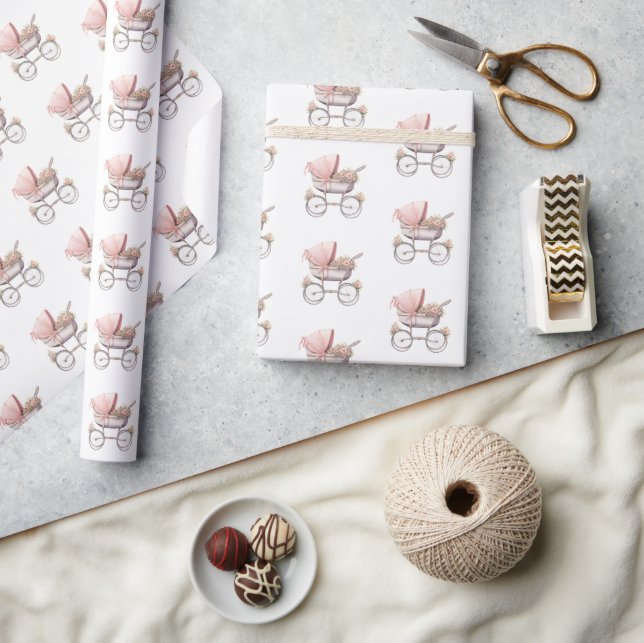 Vintage Baby Girl Pink Baby Carriage Wrapping Paper (Crafts)
