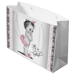 Vintage Baby Girl Pink Black Lace Baby Shower Large Gift Bag