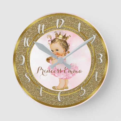 Vintage Baby Girl Pink  Gold Personalized Nursery Round Clock