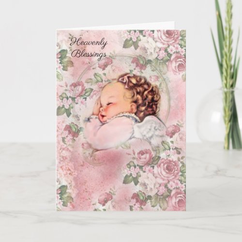 Vintage Baby Girl Religious Pink Roses Card