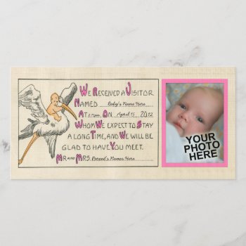 Vintage Baby Girl & Stork Birth Announcement Pink by gilmoregirlz at Zazzle