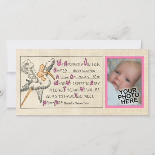 Vintage Baby Girl  Stork Birth Announcement Pink