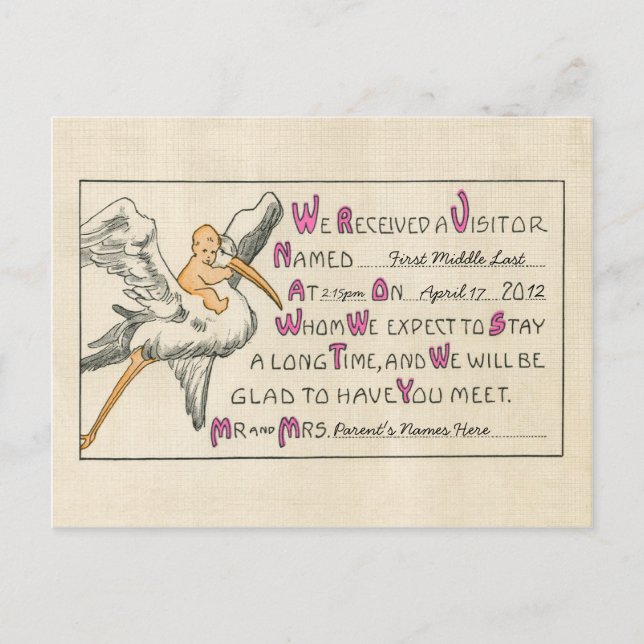 Vintage Baby Girl & Stork Birth Announcement Pink Postcard (Front)