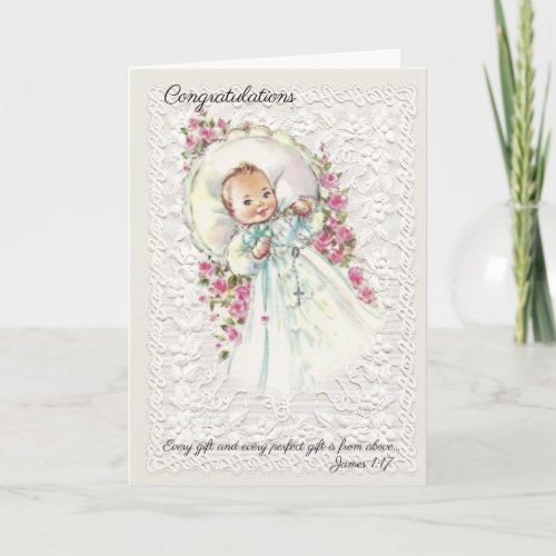 Vintage Baby Girl with Rosary Pink Roses Card