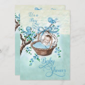Vintage Baby in Basket and Birds Boys Baby Shower Invitation (Front/Back)