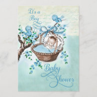 Vintage Baby in Basket and Birds Boys Baby Shower Invitation