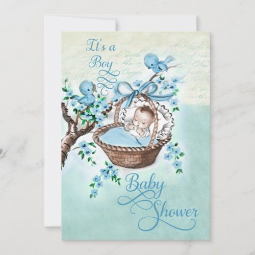 Vintage Baby in Basket and Birds Boys Baby Shower Invitation