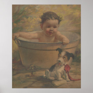 Vintage Baby in bathtub with puppy waiting  Poster