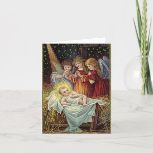 Vintage Baby Jesus And Angels Religious Christmas  Holiday Card