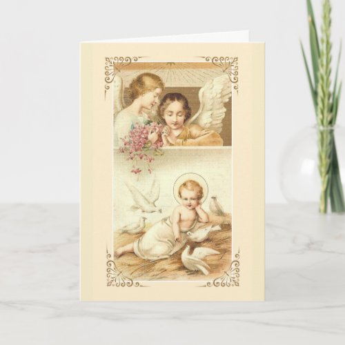 Vintage Baby Jesus Doves Angels Flowers Holiday Card