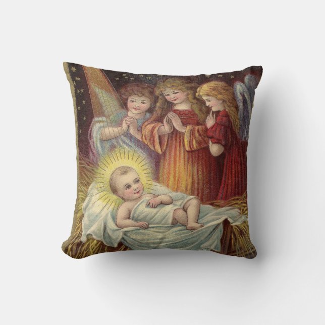 Vintage Baby Jesus in Manger Throw Pillow (Front)