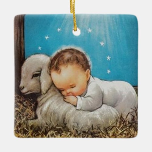 Vintage Baby Jesus Sleeping With A Lamb Ceramic Ornament