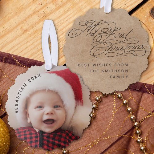 Vintage Baby My First Christmas Text Photo Elegant Ornament Card