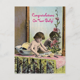 Vintage Baby On A Dressing Table Postcard