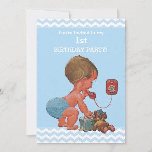 Vintage Baby on Phone Blue Chevrons 1st Birthday Invitation