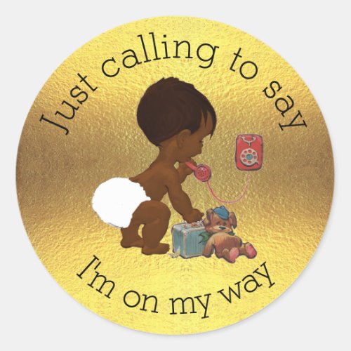 Vintage Baby on Phone Faux Gold Foil Baby Shower Classic Round Sticker