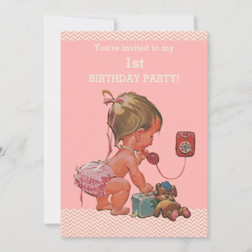 Vintage Baby on Phone Pink Chevrons 1st Birthday Invitation