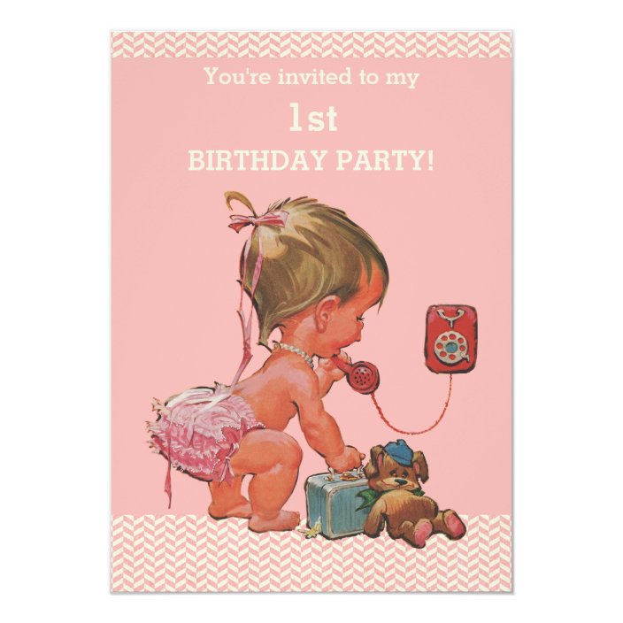 Vintage Baby On Phone Pink Chevrons 1st Birthday Invitation Zazzle Com