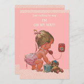 Vintage Baby on Phone Pink Chevrons Baby Shower Invitation (Front/Back)
