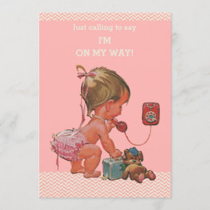 Vintage Baby on Phone Pink Chevrons Baby Shower Invitation