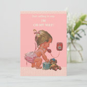 Vintage Baby on Phone Pink Chevrons Baby Shower Invitation (Standing Front)