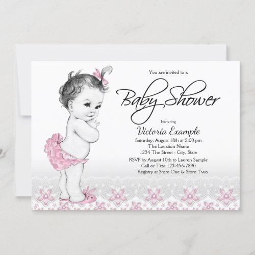 Vintage Baby Pink Gray Baby Shower Invitations