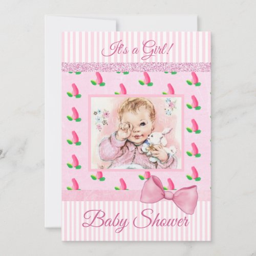 Vintage Baby Pink  Rosebuds Baby Shower Invitation