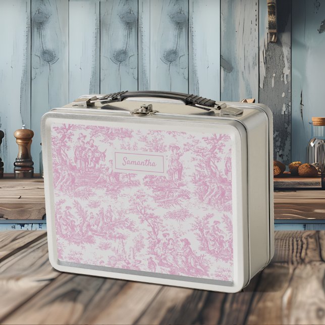 Vintage baby pink toile de jouy printed metal lunch box (Creator Uploaded)
