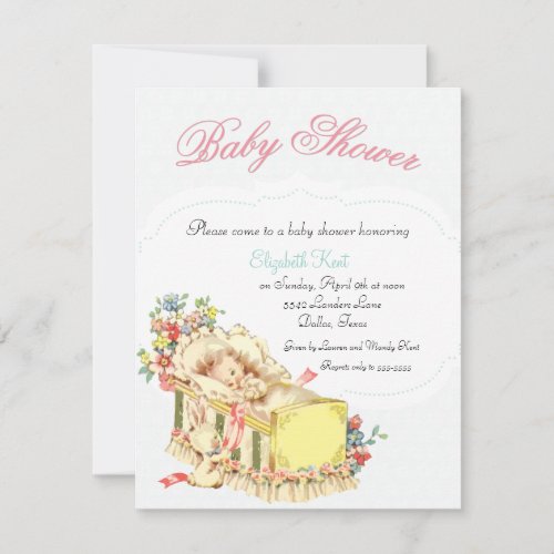 Vintage Baby Shower Baby inside Crib and Flowers Personalized Announcement
