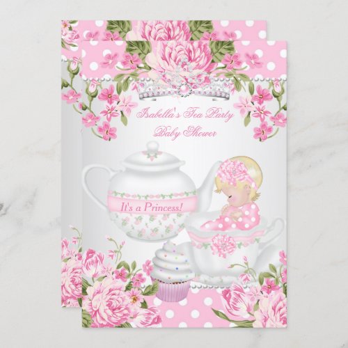 Vintage Baby Shower Blonde Girl Pink Tea Party Invitation