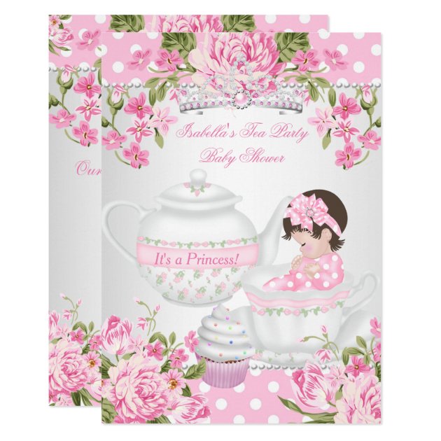 Vintage Baby Shower Brunette Girl Pink Tea Party Invitation