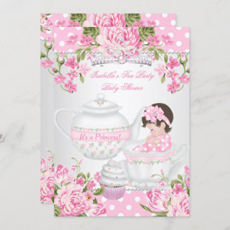 Vintage Baby Shower Brunette Girl Pink Tea Party Invitation