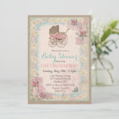Vintage Baby Shower Carriage Floral Invitation (Standing Front)