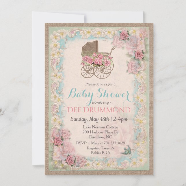 Vintage Baby Shower Carriage Floral Invitation (Front)
