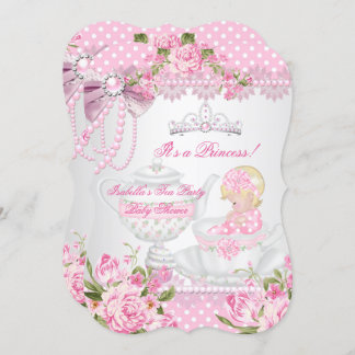 Vintage Baby Shower Cute Girl Pink Rose Tea Party Invitation