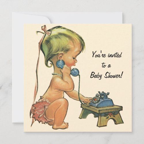 Vintage Baby Shower Cute Girl Talking on Phone Invitation