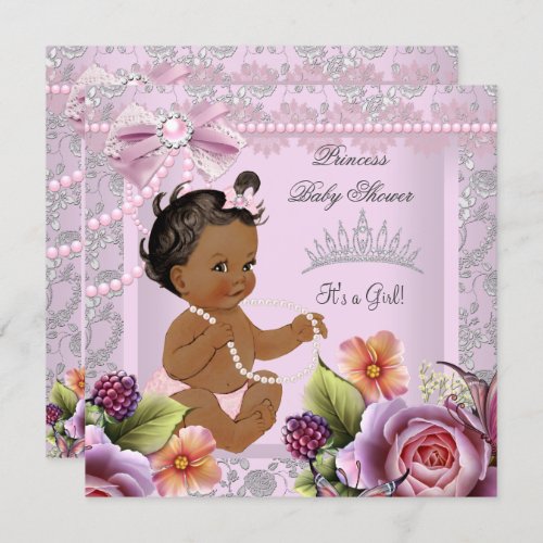 Vintage Baby Shower Ethnic Girl Pink Pearl Rose Invitation