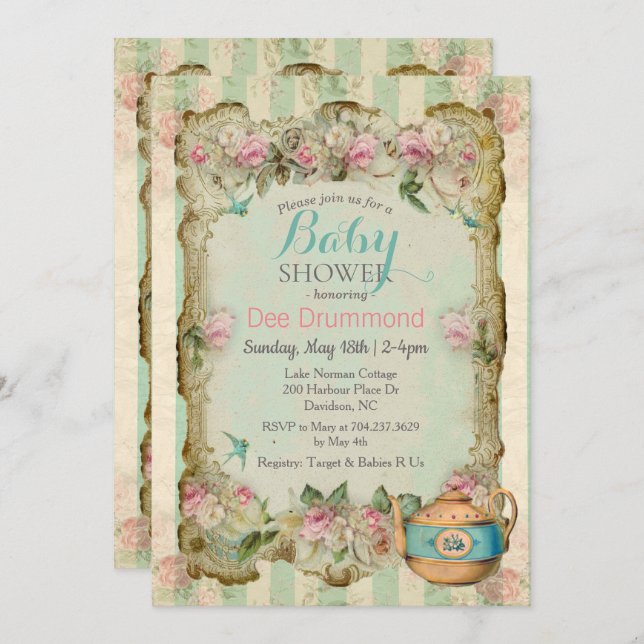 Vintage Baby Shower Floral Tea Invitation (Front/Back)