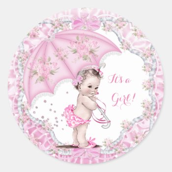 Vintage Baby Shower Girl Flowers Pink Umbrella Classic Round Sticker by VintageBabyShop at Zazzle