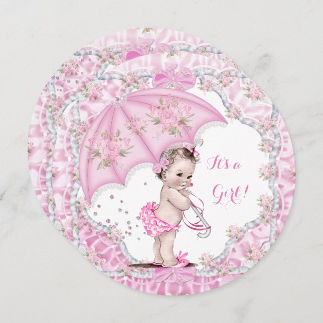 Vintage Baby Shower Girl Flowers Pink Umbrella Invitation (Front/Back)