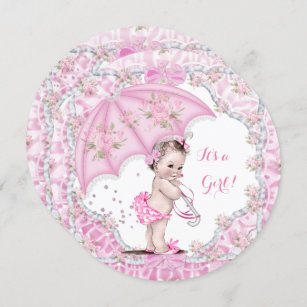 Vintage Baby Shower Girl Flowers Pink Umbrella Invitation