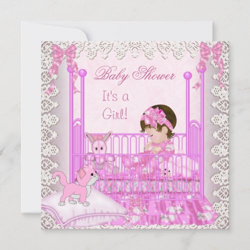 Vintage Baby Shower Girl Pink Lace Cute Kitten Custom Invites