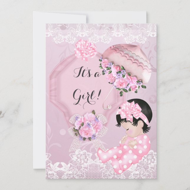 Vintage Baby Shower Girl Pink Parasol Roses Invitation (Front)