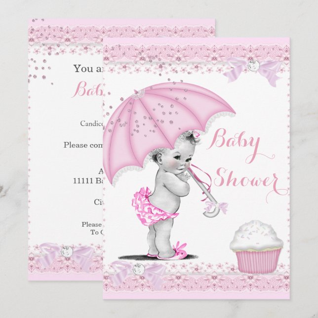 Vintage Baby Shower Girl Pink Umbrella Cupcake Invitation (Front/Back)