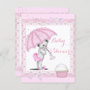 Vintage Baby Shower Girl Pink Umbrella Cupcake Invitation by VintageBabyShop at Zazzle