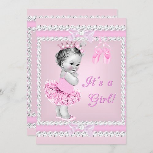 Vintage Baby Shower Girl Pretty Pink Ballerina Invitation