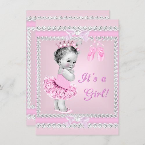 Vintage Baby Shower Girl Pretty Pink Ballerina Invitation