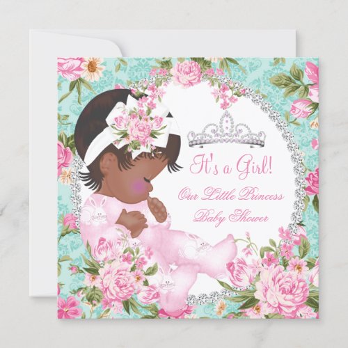 Vintage Baby Shower Girl Rose Floral Pink Teal Invitation